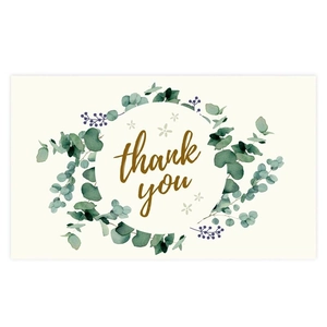 Minimalist white Thank You card featuring a green eucalyptus leaf wreath and gold text