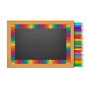 Rainbow scalloped bulletin board border on a wooden framed chalkboard with colored pencils