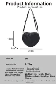 Detailed size chart for the heart quilted black PU leather crossbody bag with dimensions