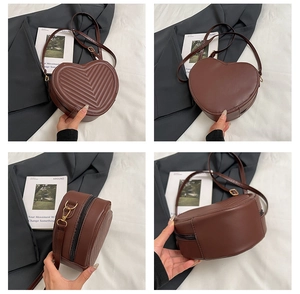Detailed views of a brown heart-shaped crossbody bag with V-quilted texture and gold hardware