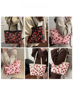 Collage of model carrying cherry print tote bags in black, white, and pink colors
