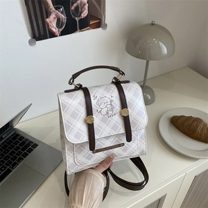 Women Plaid Small Square Bag PU Leather Cartoon Dog Print Shoulder Crossbody Bag Top Handle Vintage Korean Style Messenger Bag