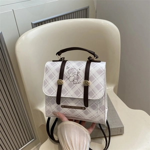 Chic plaid mini backpack with leather trim and cartoon dog print for daily commuting