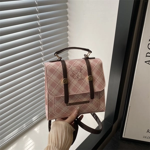 Pink checkered large capacity backpack with cute puppy pattern and PU leather straps