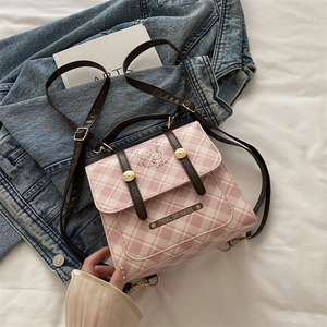 Mini sac à dos chic à carreaux roses avec motif chiot de dessin animé et bretelles brunes