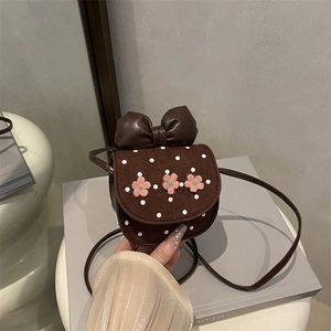Mini sac à bandoulière marron vintage avec pois et détails floraux roses pour femme