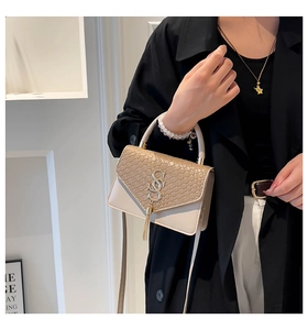 Detalle de bolso bandolera bicolor con solapa tejida, cierre dorado y borla decorativa
