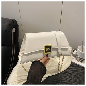 Elegant white pillow bag with golden M logo buckle and metal chain strap for women