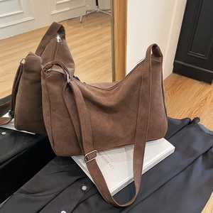 Retro coffee brown suede tote bag with large capacity and adjustable shoulder strap
