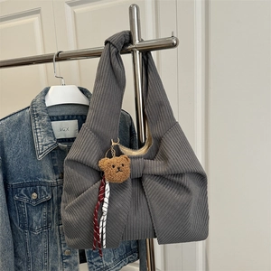 Women Sweet Corduroy Bow Shoulder Bag Large Capacity Ribbed Tote Underarm Bag Solid Color Casual Handbag With Bear Charm