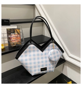 Close-up of blue and white checkered bucket bag with V-shaped opening and mini pouch