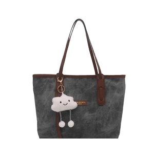Retro large capacity tote bag in grey fabric with brown leather handles and cloud charm
