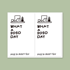 Detail of white square stickers with black hand-drawn cat illustrations and quotes