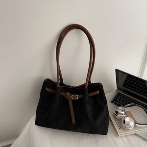 Retro black faux suede tote bag with brown leather straps and metal buckle closure