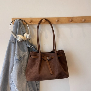Retro dark brown suede tote bag with thin leather straps and silver buckle detail