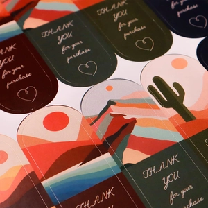 Artistic rectangle thank you stickers with nature illustrations and gold foil printing