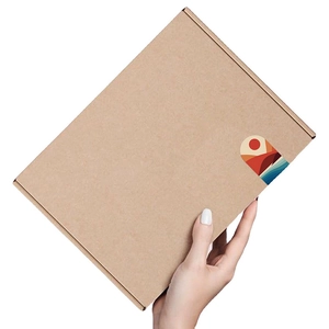Kraft paper gift box with sunset art sticker held by hand on white background