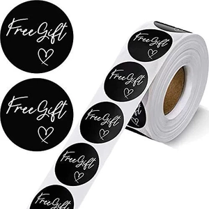 Rouleau d'autocollants ronds noirs avec texte Free Gift blanc et cœur pour cadeau