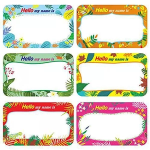 Colorful rectangular name tags with floral patterns and Hello my name is text stickers