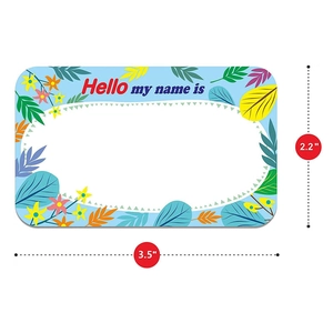 Colorful floral name tag stickers for students with Hello my name is text and writing space