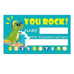Close-up of You Rock rewards card with a surfing dinosaur and 10 punch points for students