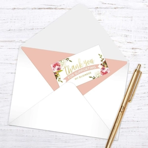 Floral Thank You For Supporting My Business card with pink envelope on wood surface