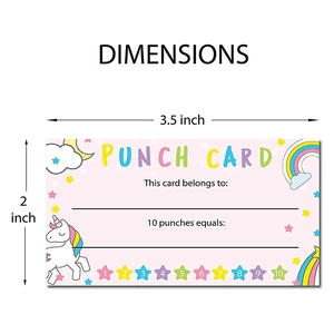 Unicorn punch cards for student rewards, 3.5x2 inch size with 10 stars tracking design