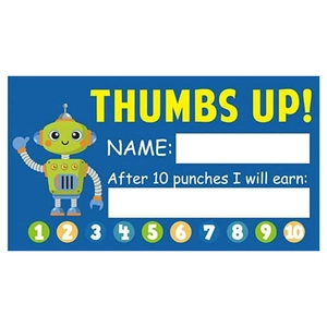 Detailed blue reward card for kids featuring a green robot and 10 progress tracking circles