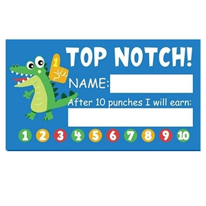 Detail of blue business reward punch card with cartoon crocodile and ten scoring circles