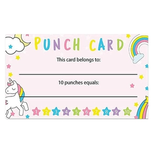 Cute unicorn reward punch card for students with colorful rainbows and stars graphics