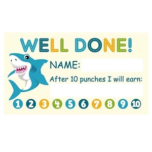 Close-up of student reward card with cartoon blue shark and 10 punch count circles