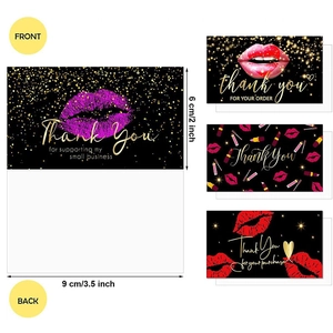 Elegant set of black business thank you cards with red lips and gold glitter accents