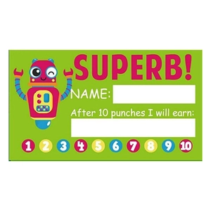 Detail view of green robot reward punch card with 10 punch points and superb motivation text