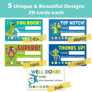 Set of 100 colorful student reward punch cards featuring dinosaurs and robots for classroom