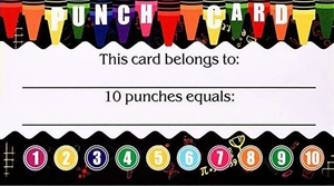 Detail of student reward punch card with colorful crayon motifs and 1-10 progress circles
