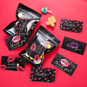 Black Thank You card and poly mailer set with pink lip print and gold glitter on red background