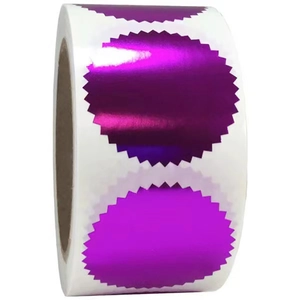 Macro detail of deep purple metallic gear-shaped foil stickers in a roll format