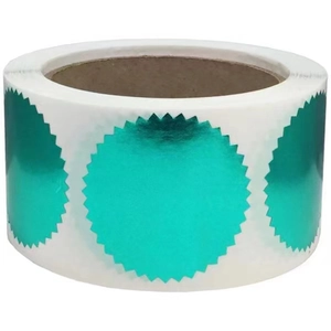 Teal metallic serrated edge circle stickers roll for gift sealing and office labeling