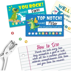 Kids reward punch cards with cute cartoon animals and a metal hole punch tool set