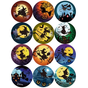 Detailansicht von zwölf Halloween-Aufklebern mit Silhouetten für Geschenkverpackungen