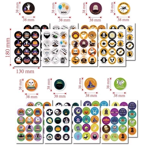 Détail montrant les dimensions des stickers Halloween citrouille, autocollants ronds de 38mm