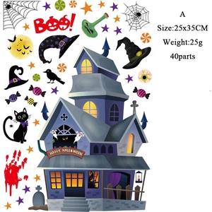 Halloween wall sticker set with 40pcs ghost house and black cat decor for window display