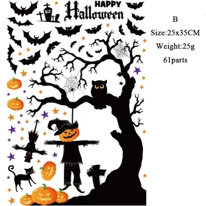 Halloween silhouette wall stickers with pumpkin, bat and black cat decor for window display