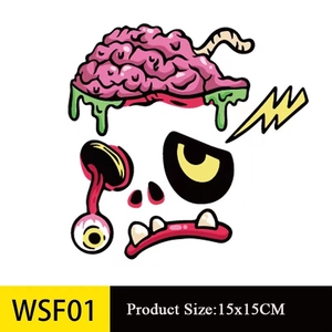 Vue détaillée d'un autocollant zombie monstre de 15x15cm avec bave verte et motif cerveau