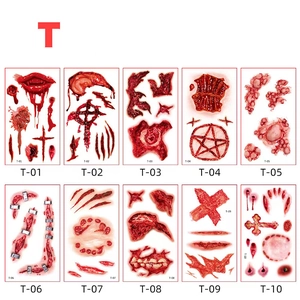Detailed grid of 10 Halloween scar tattoo stickers with realistic blood and stitches