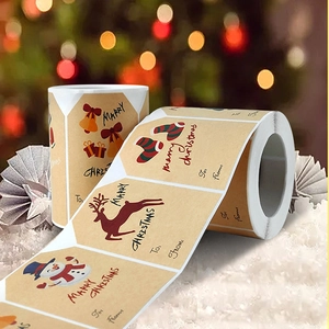 Christmas Kraft Paper Sticker Roll Holiday Gift Labels Snowman Reindeer Patterns To From Tags For Present Packaging