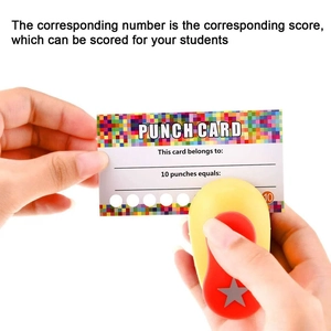 Student reward punch card set with a handheld yellow star hole puncher for teaching