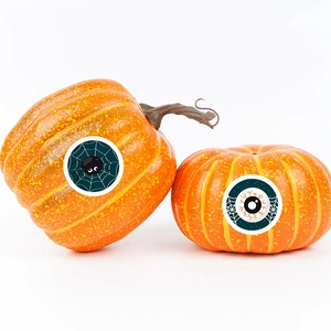 Lot de deux citrouilles d'Halloween orange avec stickers araignée et œil effrayant