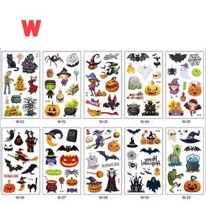 Set of 10 Halloween temporary tattoos featuring cartoon pumpkins, ghosts, and bats