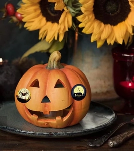 Detail einer Jack-O-Lantern Kürbislampe mit Illustrationen von Spinnennetzen und Mond